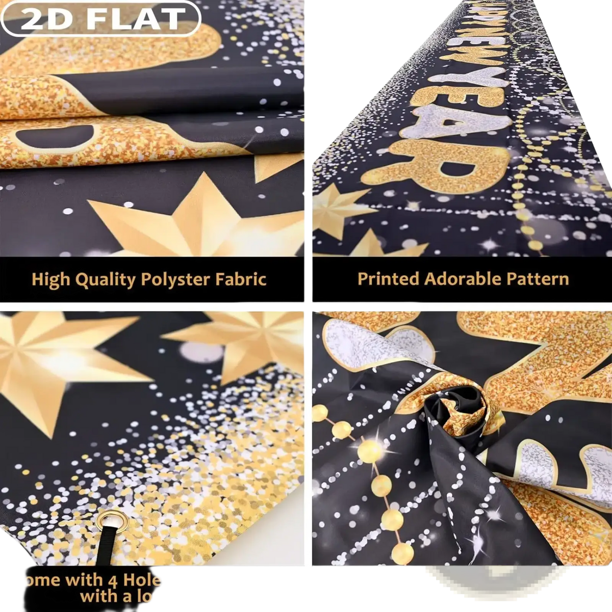 Black and gold 2026 happy new year polyester party banner backdrop with glittery stars confetti and bold lettering