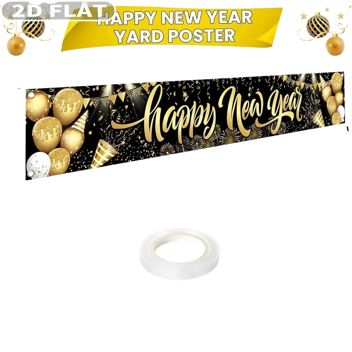 A festive black and gold polyester 120 inch happy new year yard poster with glittering balloons confetti and fireworks