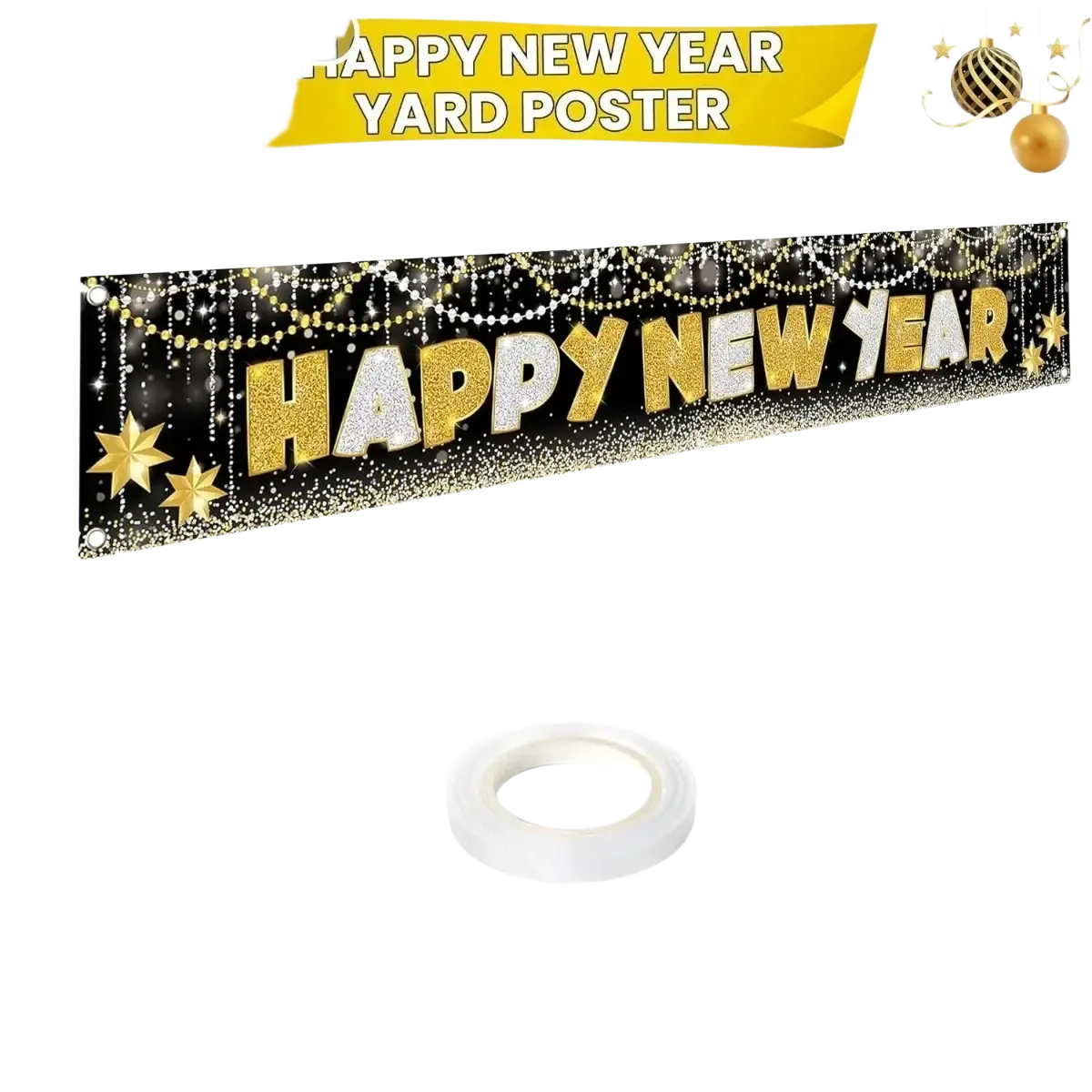 A festive black and gold polyester happy new year party banner backdrop with glittery text and golden stars for 2026