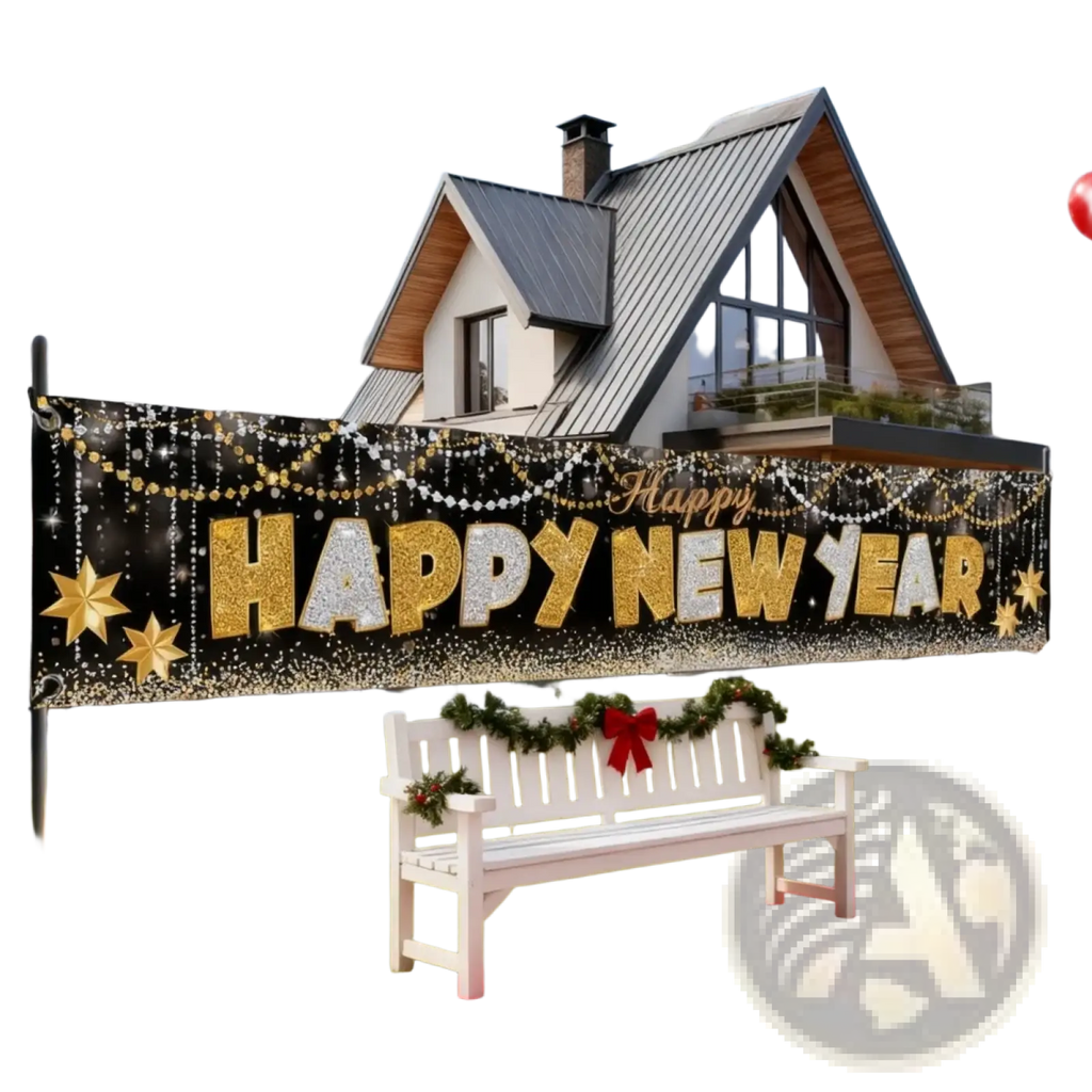 2026 happy new year polyester party banner backdrop with gold and silver glittery lettering and star decorations
