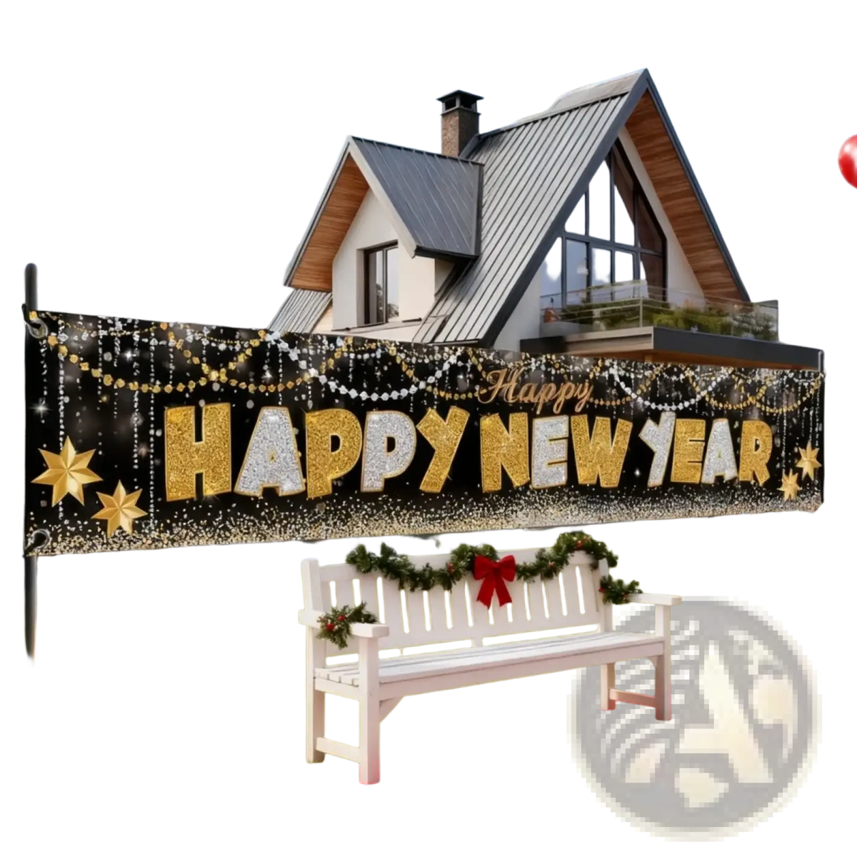 2026 happy new year polyester party banner backdrop with gold and silver glittery lettering and star decorations
