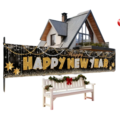 2026 happy new year polyester party banner backdrop with gold and silver glittery lettering and star decorations
