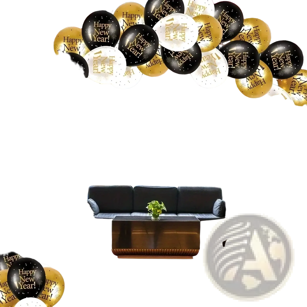 A 2026 new year balloon set featuring black white and gold latex balloons with happy new year printed in glittery gold