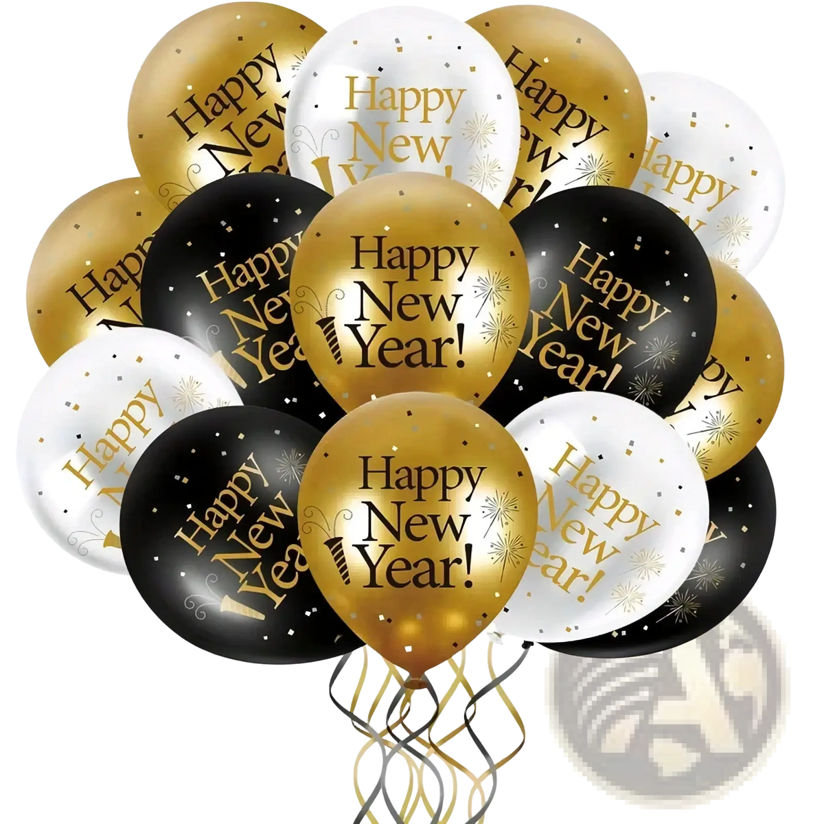 A festive 2026 new year balloon set with black white and gold balloons featuring glittering confetti patterns for parties