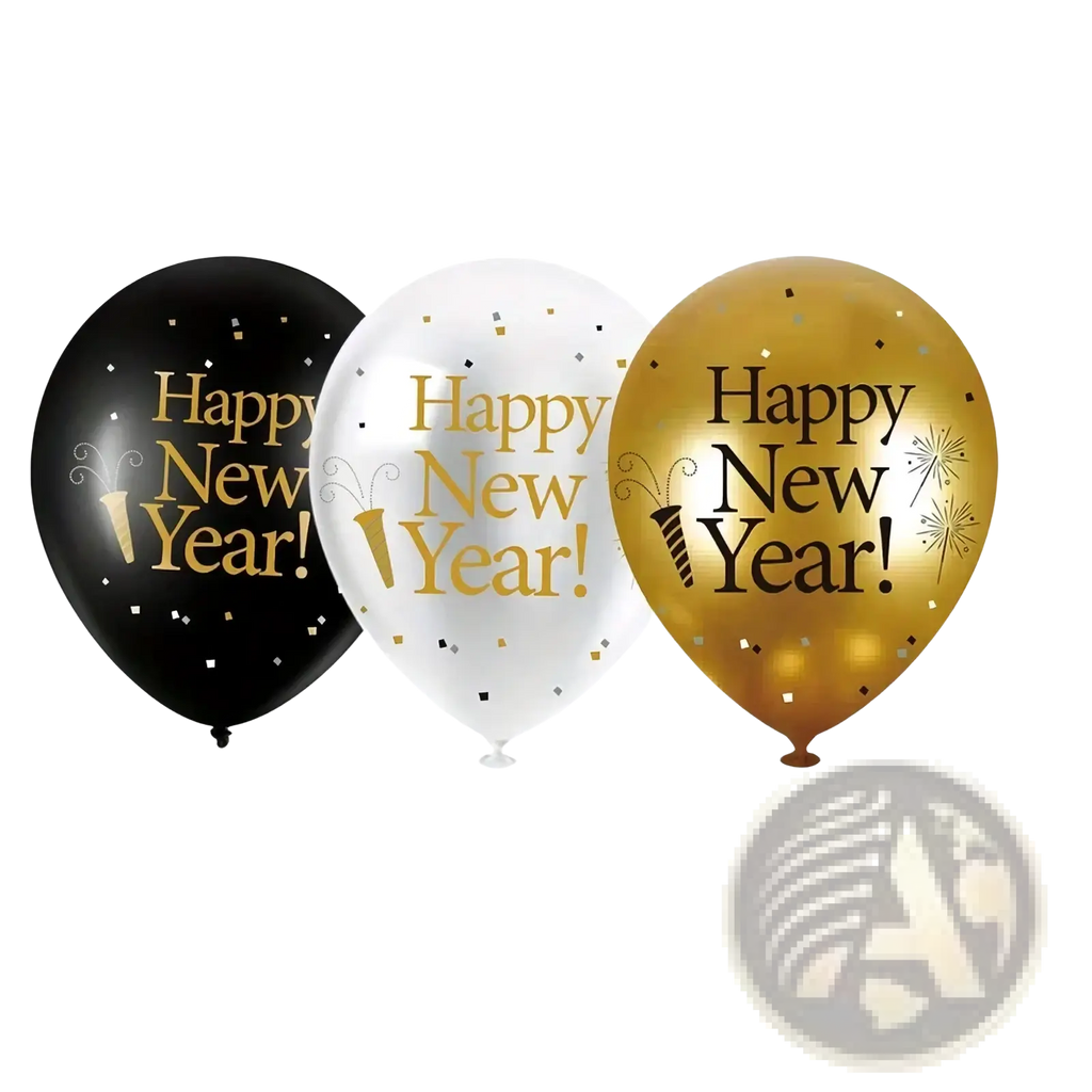 Three festive 2026 new year balloon set with black white and gold glittery confetti patterns for party decors
