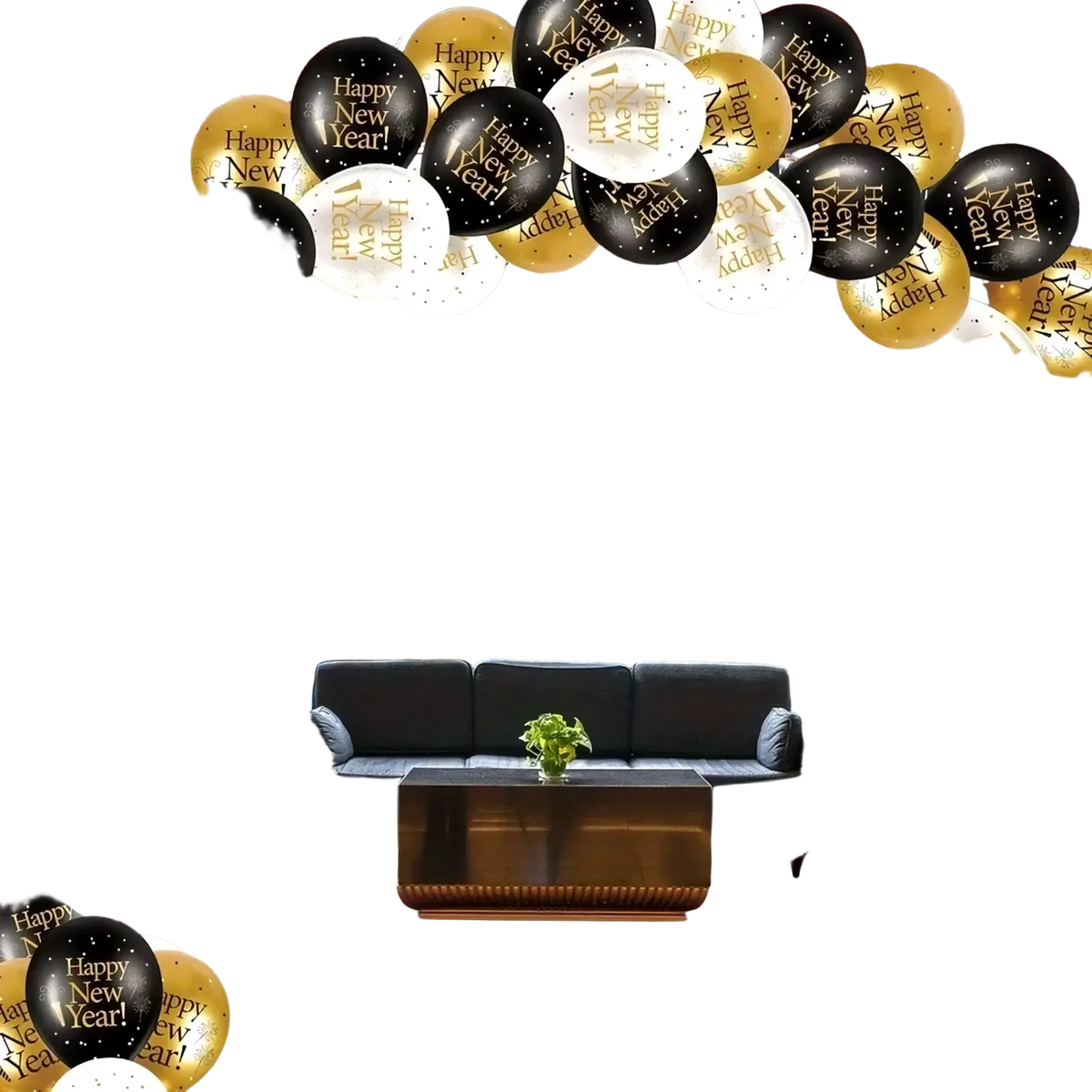 A 2026 new year balloon set featuring black white and gold latex balloons with happy new year printed in glittery gold