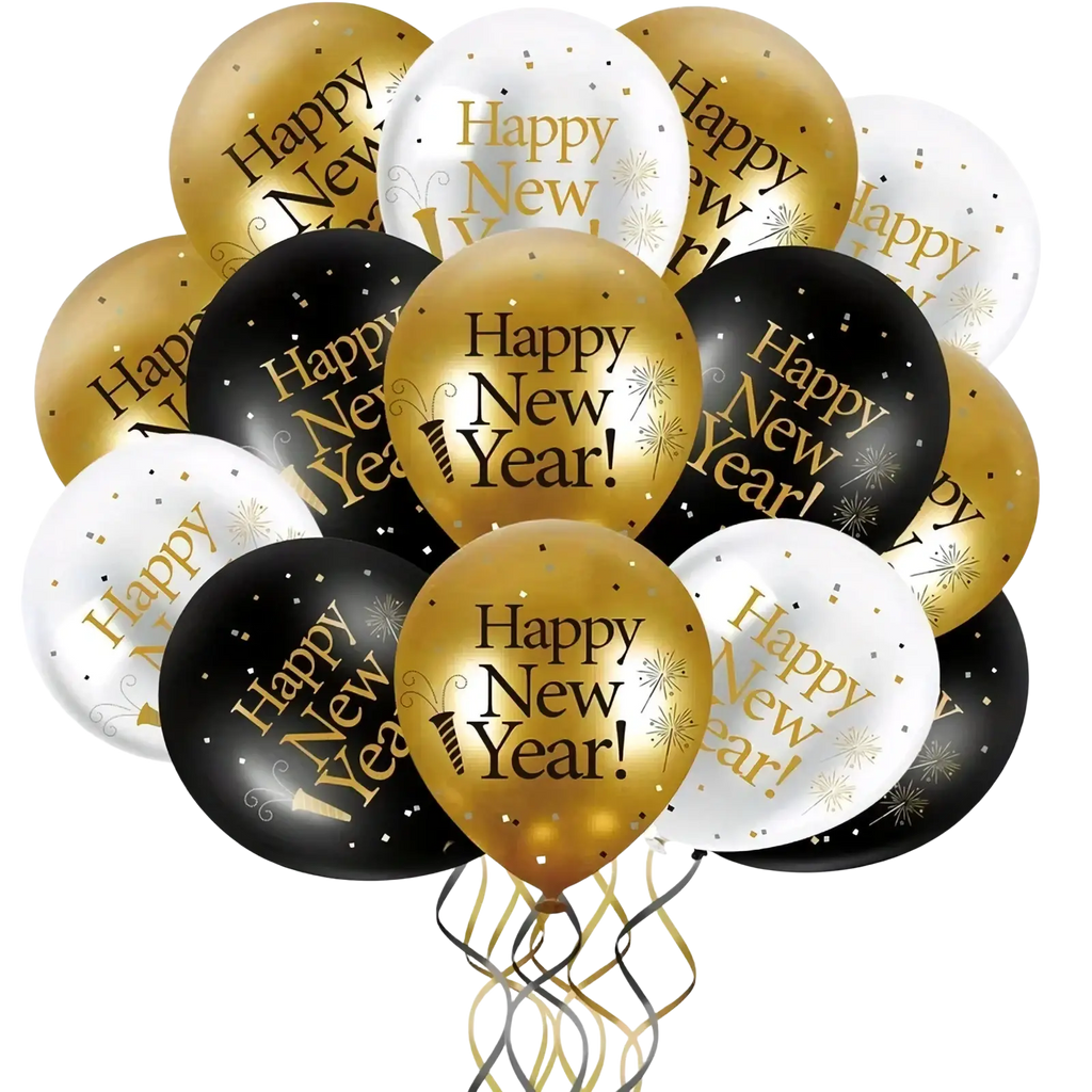 A festive 2026 new year balloon set with black white and gold balloons featuring glittering confetti patterns for parties