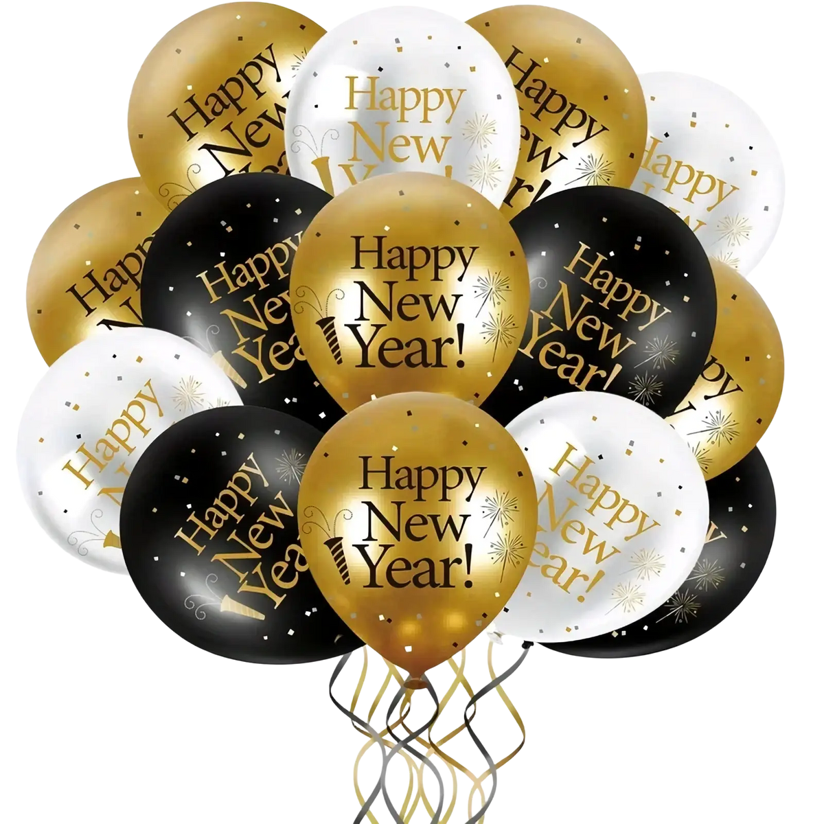 A festive 2026 new year balloon set with black white and gold balloons featuring glittering confetti patterns for parties