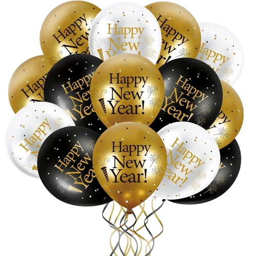 A festive 2026 new year balloon set with black white and gold balloons featuring glittering confetti patterns for parties