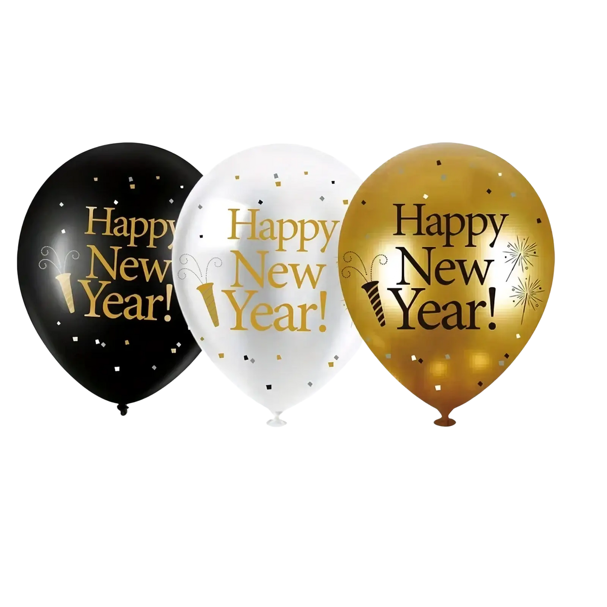 Three festive 2026 new year balloon set with black white and gold glittery confetti patterns for party decors