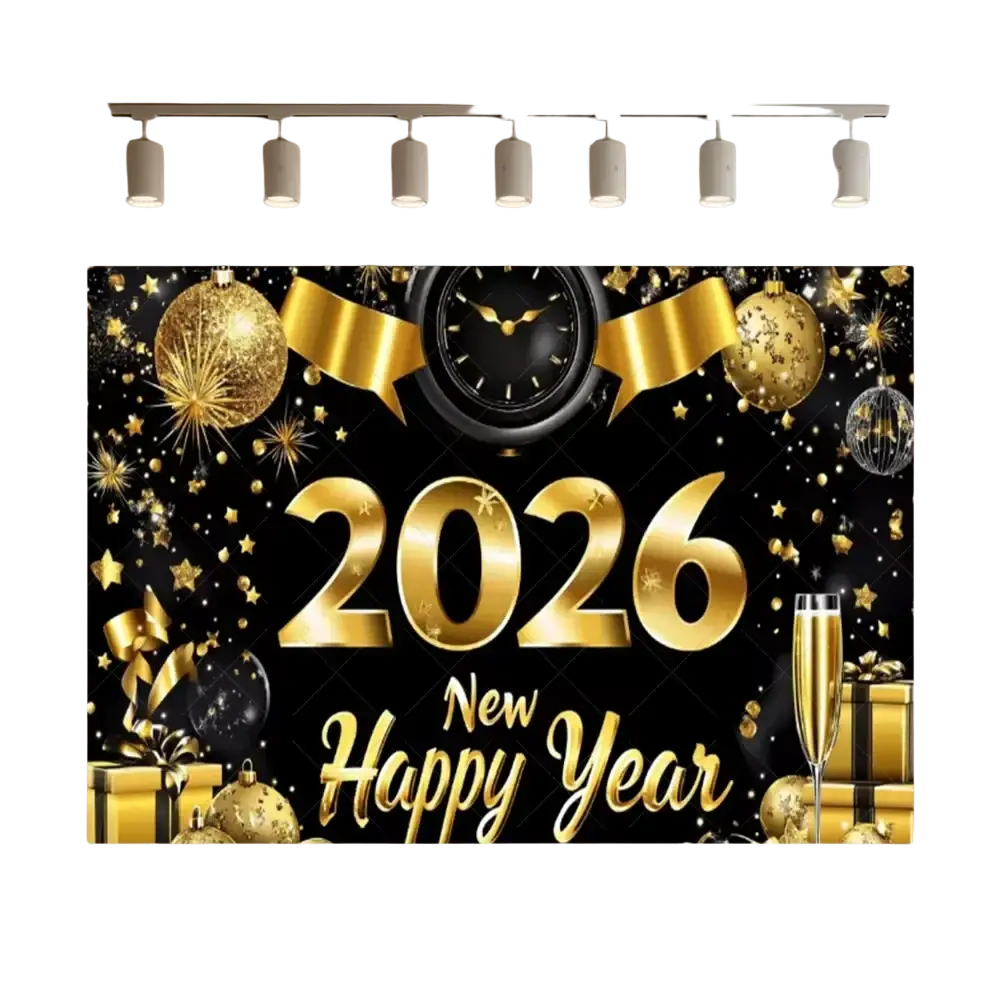 A shimmering gold and black glitter photography backdrop for 2026 new year celebration featuring festive ornaments and champagne flutes