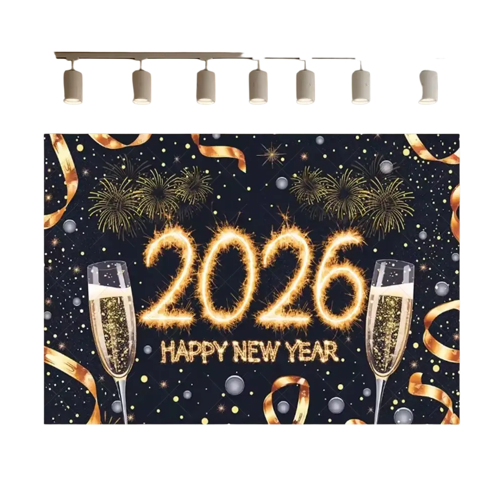 A 2026 new year black and gold glitter photography backdrop featuring sparkling text champagne glasses and festive decorations