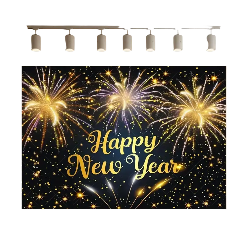 2026 new year black and gold glitter photography backdrop with vibrant gold and purple fireworks on a starry sky