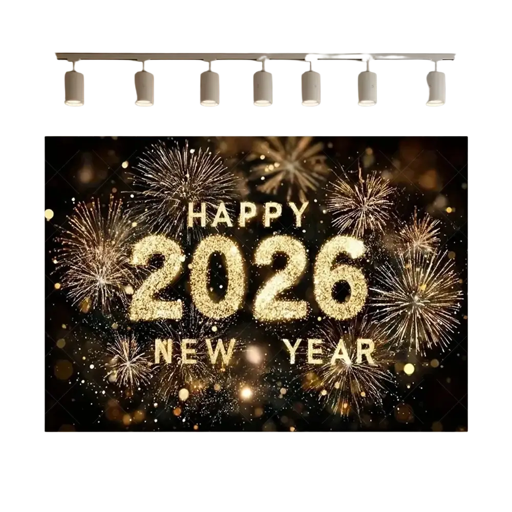 Gilded 2026 new year black and gold glitter photography backdrop with sparkling gold fireworks on dark background
