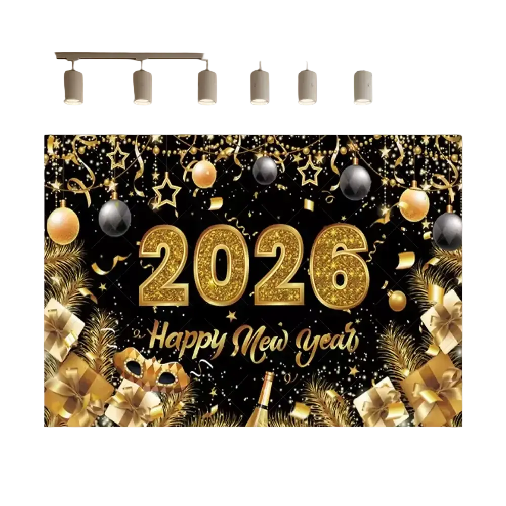 Black and gold glitter photography backdrop with 2026 happy new year text festive ornaments and gift boxes