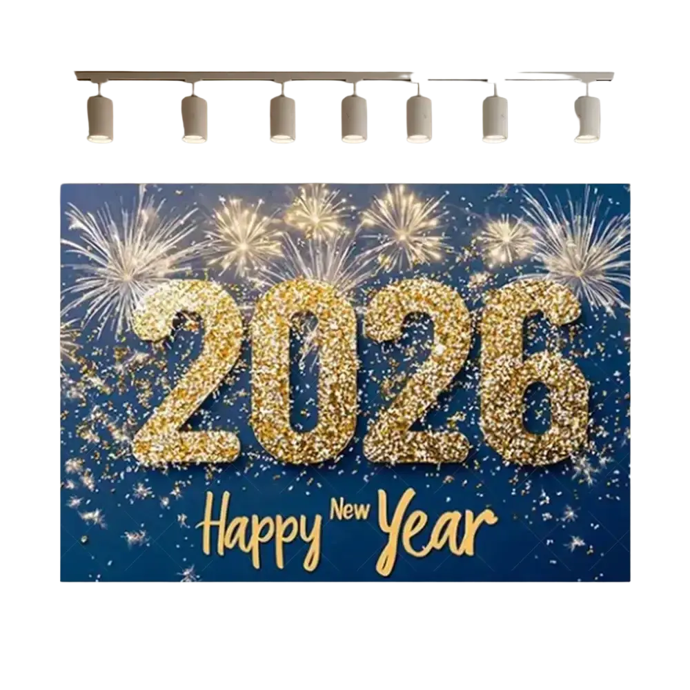 A glittery gold 2026 new year black and gold glitter photography backdrop with fireworks and confetti on blue background