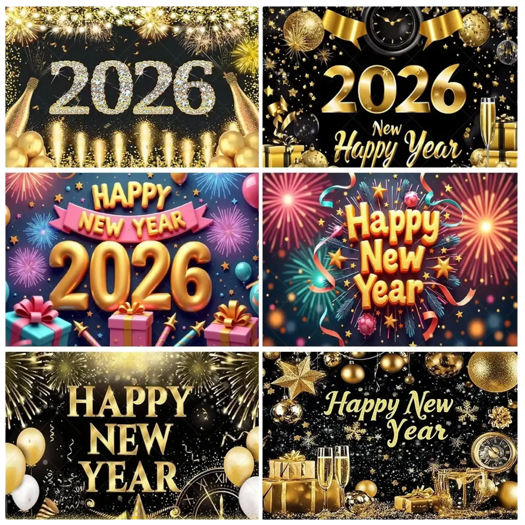 Gold glittery 2026 numerals with festive new year decorations on black background photography backdrop