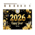 Glossy gold and black new year 2026 glitter photography backdrop with balloons champagne flutes gift boxes stars clock