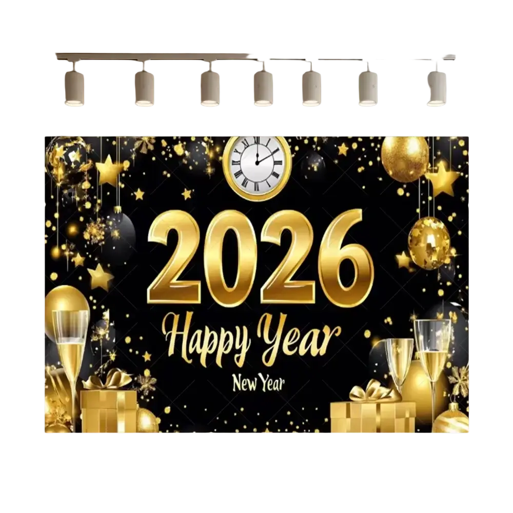 Glossy gold and black new year 2026 glitter photography backdrop with balloons champagne flutes gift boxes stars clock