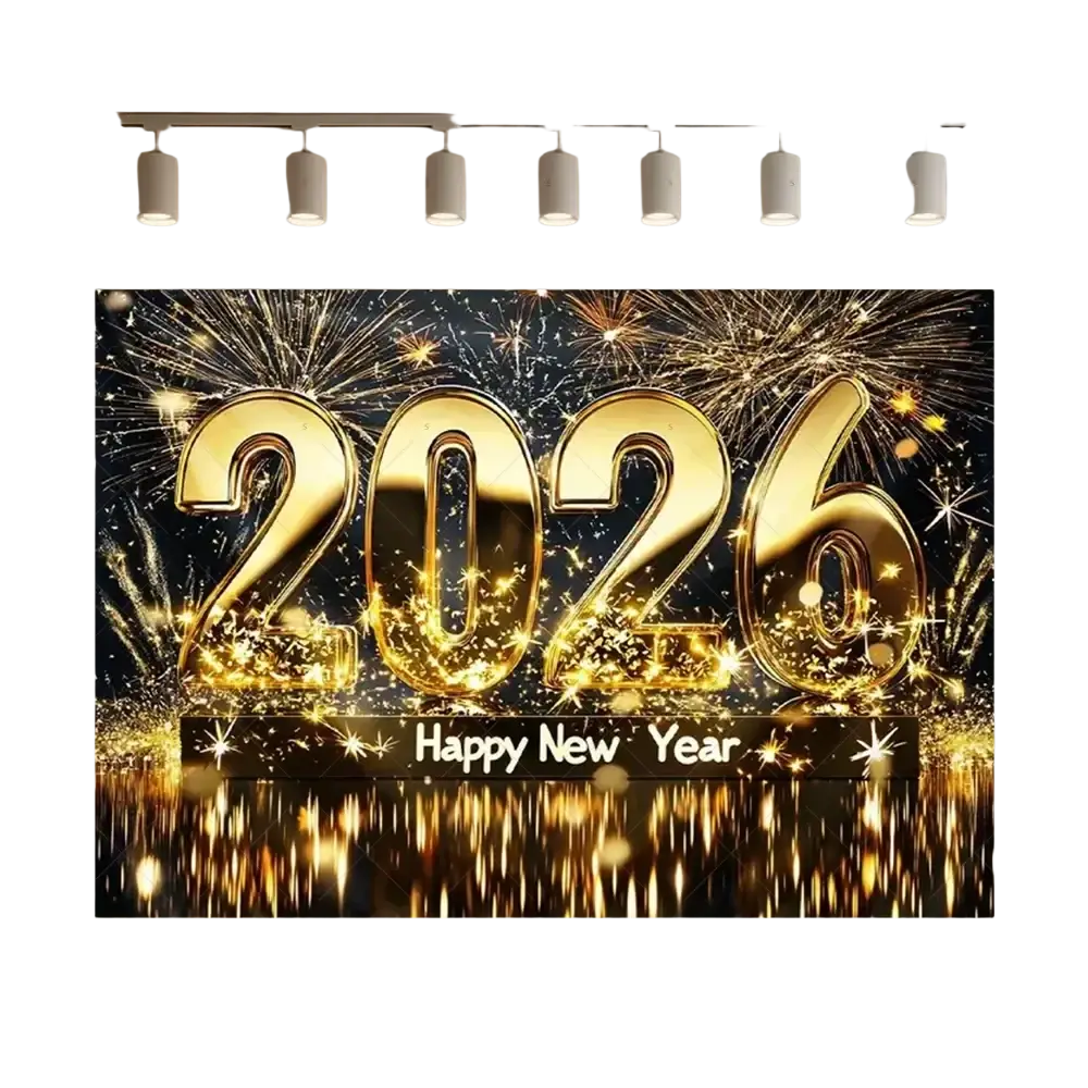 Glossy gold 3d 2026 numerals with sparkling fireworks and reflective water effect on black new year backdrop