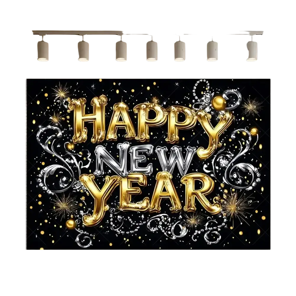 Glossy gold and silver balloon style 2026 new year black and gold glitter photography backdrop with fireworks design