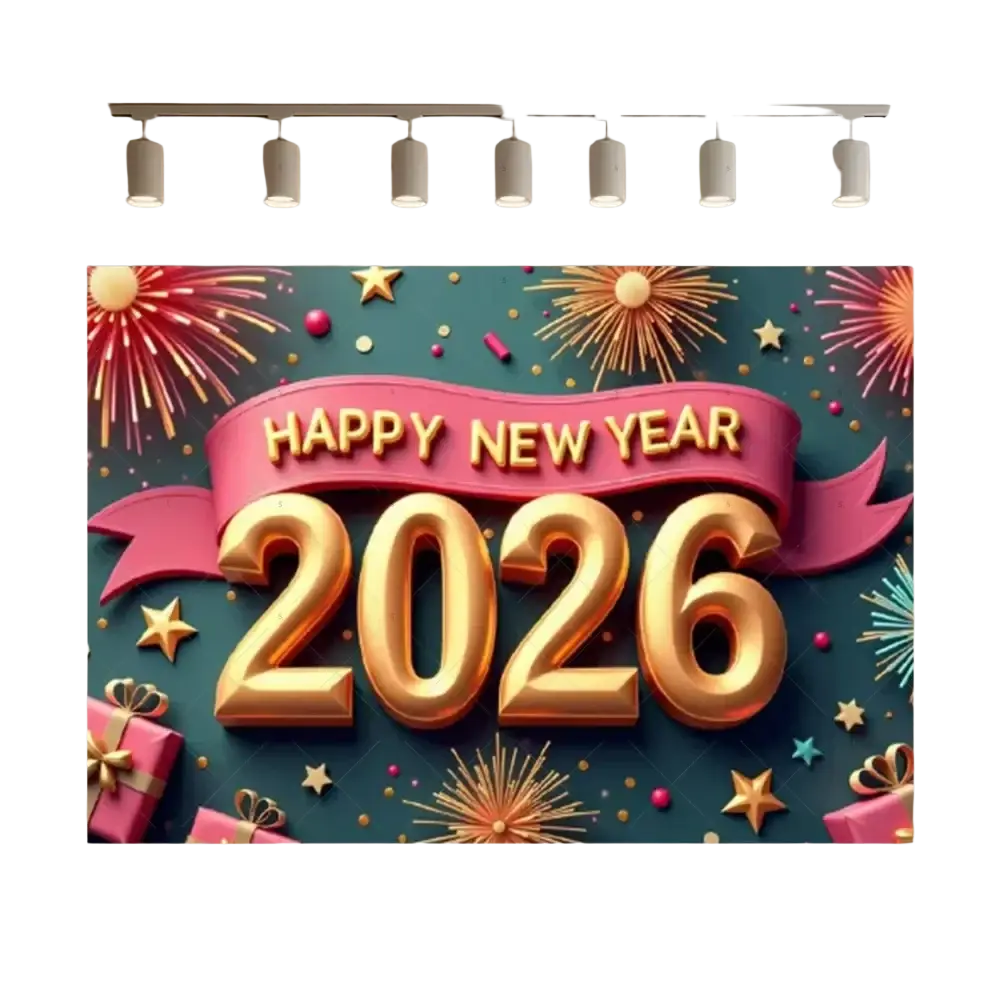 Golden 3d 2026 numerals on black and gold glitter new year photography backdrop with pink ribbon and fireworks