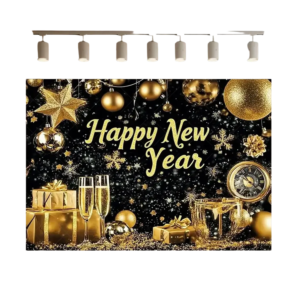 Golden happy new year holiday backdrop with festive ornaments champagne flutes and gift boxes for 2026 photography