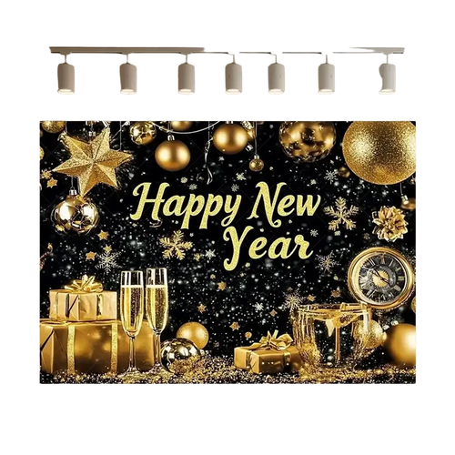 Golden happy new year holiday backdrop with festive ornaments champagne flutes and gift boxes for 2026 photography