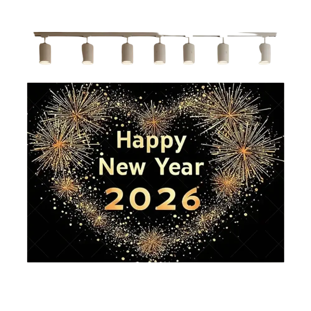 Black and gold glitter photography backdrop for 2026 new year featuring sparkling fireworks design