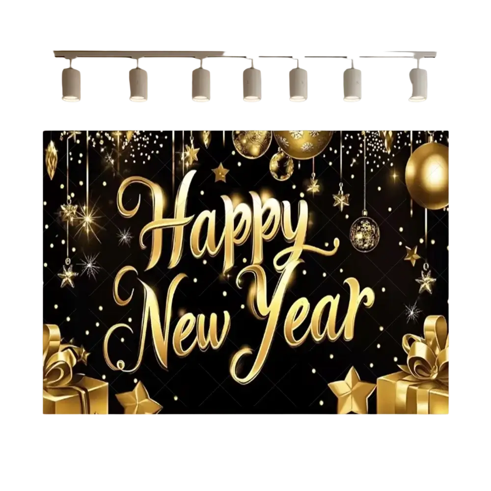 2026 new year black and gold glitter photography backdrop with shimmering gold happy new year text and festive ornaments
