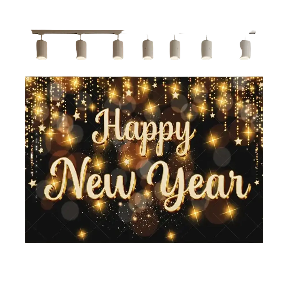 A 2026 new year black and gold glitter photography backdrop with shimmering gold happy new year text and starlight effects