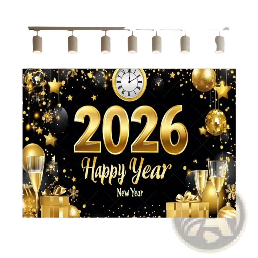 Glossy gold and black new year 2026 glitter photography backdrop with balloons champagne flutes gift boxes stars clock