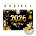 Glossy gold and black new year 2026 glitter photography backdrop with balloons champagne flutes gift boxes stars clock