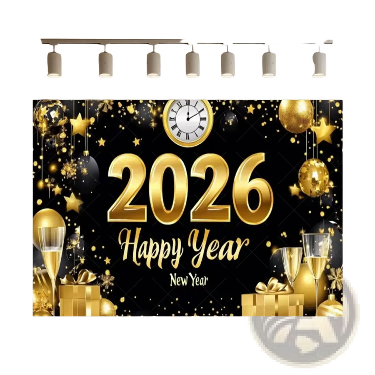 Glossy gold and black new year 2026 glitter photography backdrop with balloons champagne flutes gift boxes stars clock