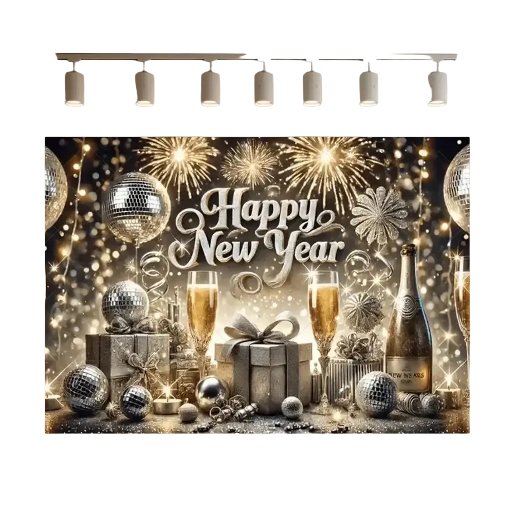 A 2026 new year black and gold glitter photography backdrop featuring a shimmering silver happy new year wall mural with disco balls champagne flutes and festive ornaments