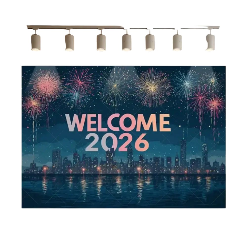 Black and gold glitter photography backdrop featuring a vibrant welcome 2026 banner with city skyline and fireworks on fabric
