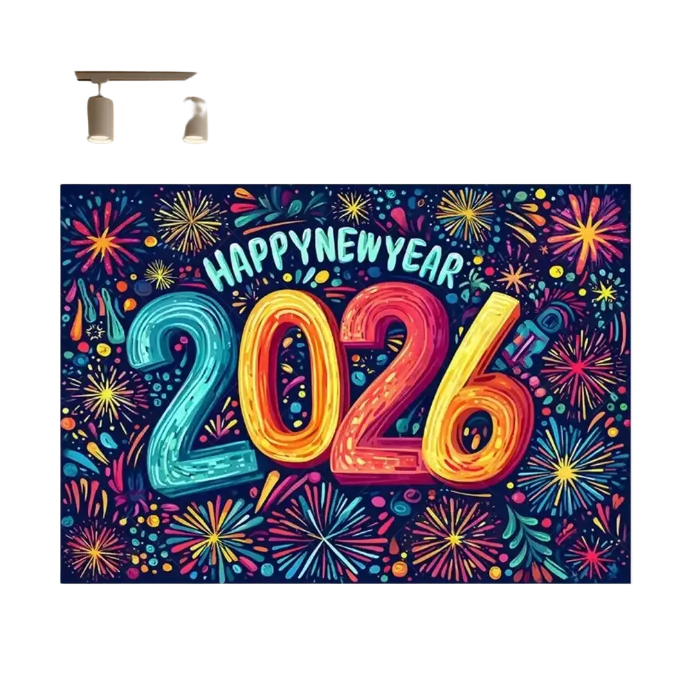 Vibrant black and gold glitter 2026 new year photography backdrop with colorful happy new year banner and fireworks design