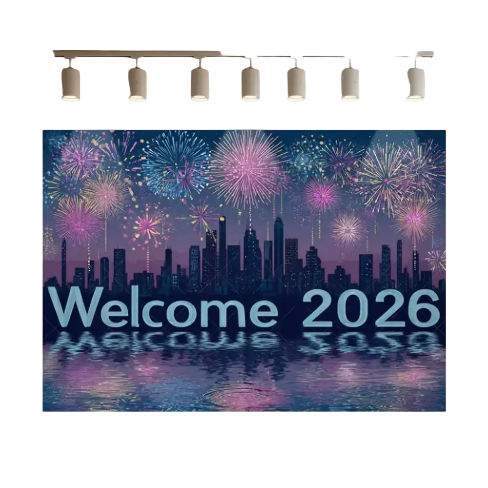 A vibrant black and gold glitter photography backdrop with a city skyline and colorful fireworks welcome 2026 text