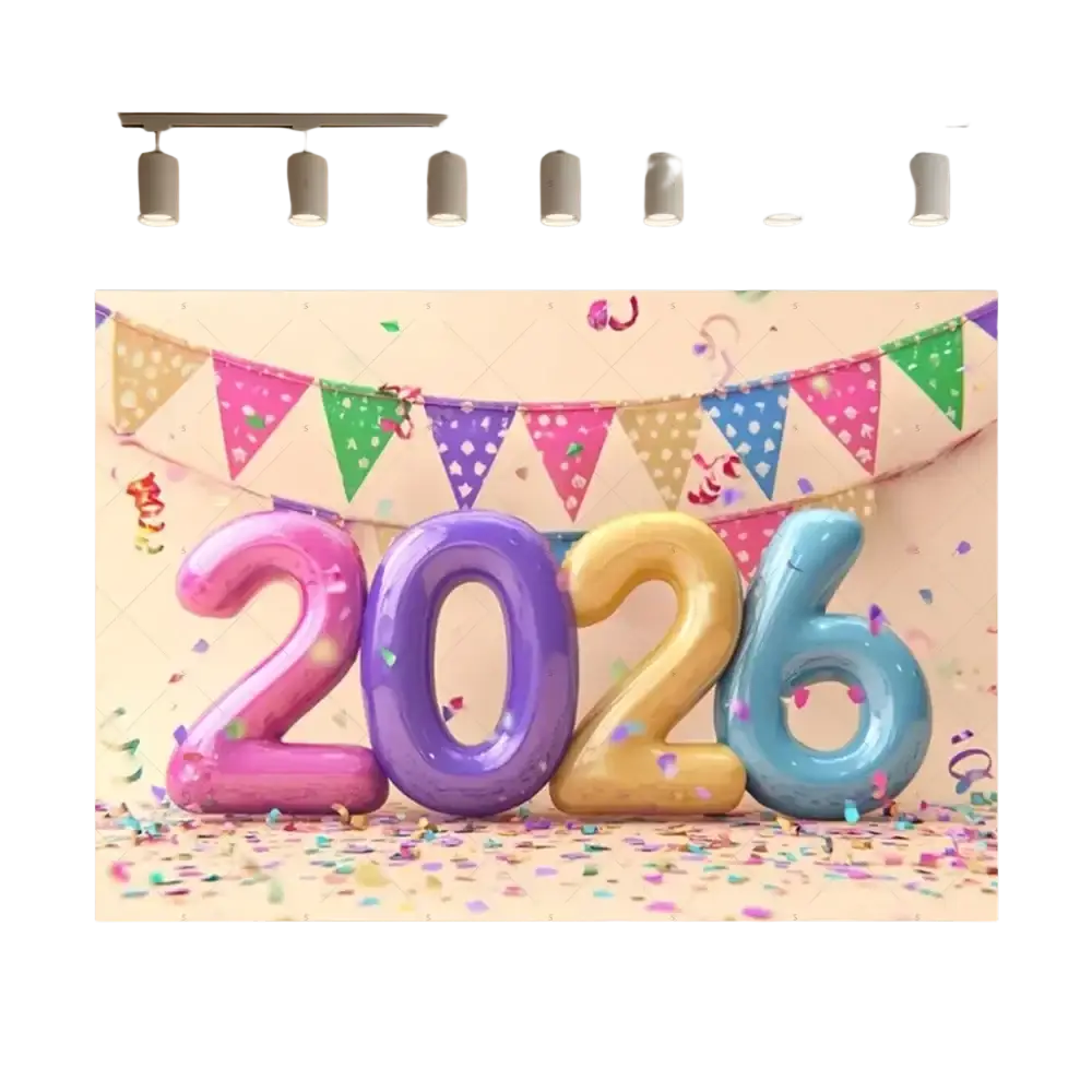 A 2026 new year black and gold glitter photography backdrop with vibrant pink purple gold and blue balloon numerals