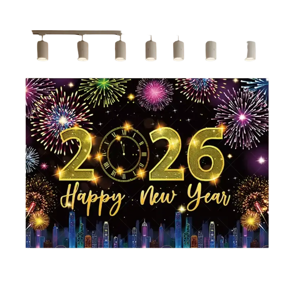 A vibrant black and gold glitter photography backdrop featuring a 2026 happy new year banner with clock and fireworks design