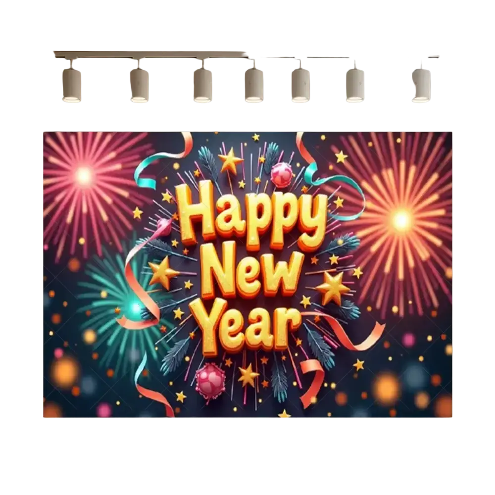 Vibrant 2026 new year black and gold glitter photography backdrop with bold gold lettering and colorful fireworks design