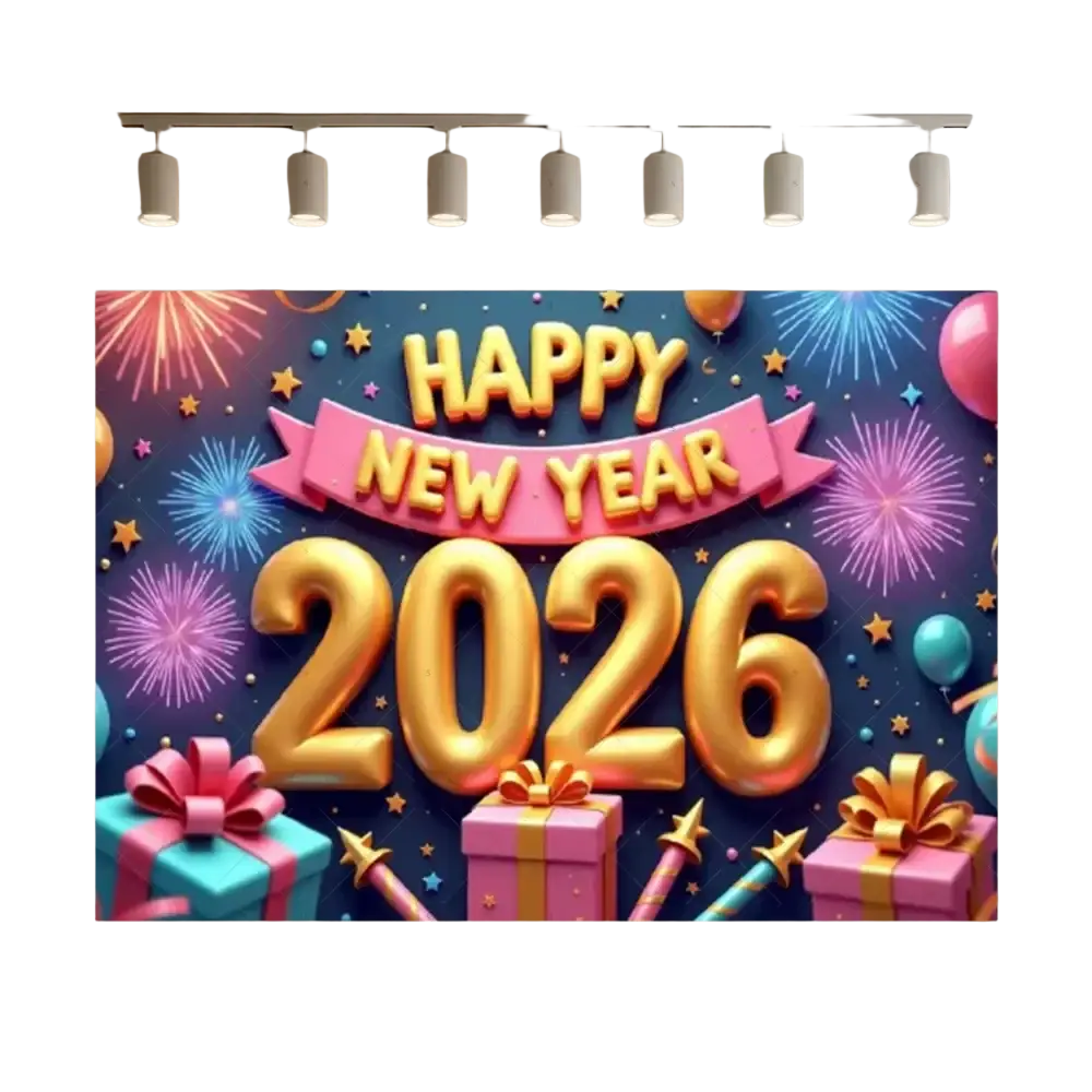 2026 new year black and gold glitter photography backdrop with golden balloon numerals colorful fireworks and gift boxes