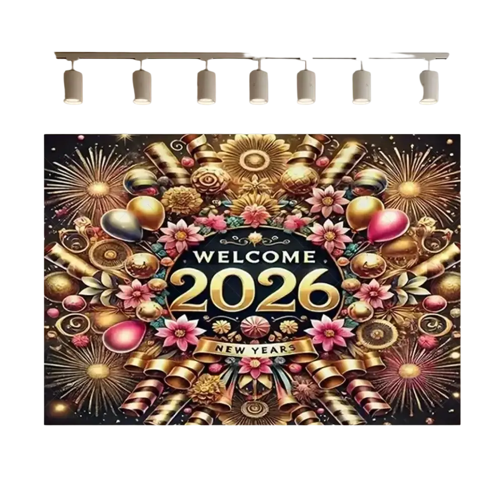 2026 new year black and gold glitter photography backdrop with vibrant gold and pink welcome banner and festive decorations