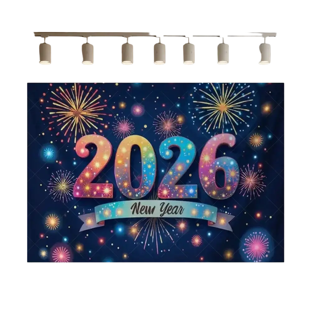 2026 new year black and gold glitter photography backdrop with vibrant rainbow gradient and sparkling fireworks on deep blue background