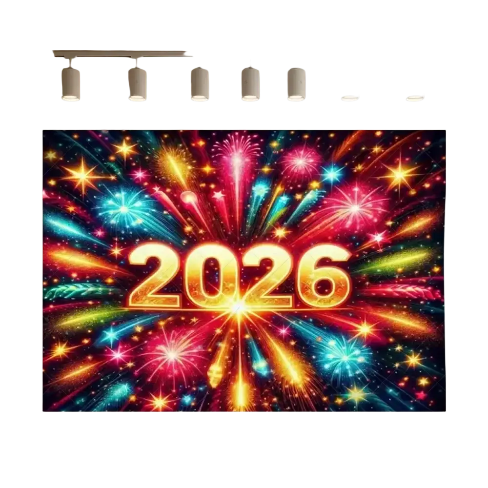 Vibrant 2026 new year black and gold glitter photography backdrop with glowing golden numerals and colorful fireworks bursts