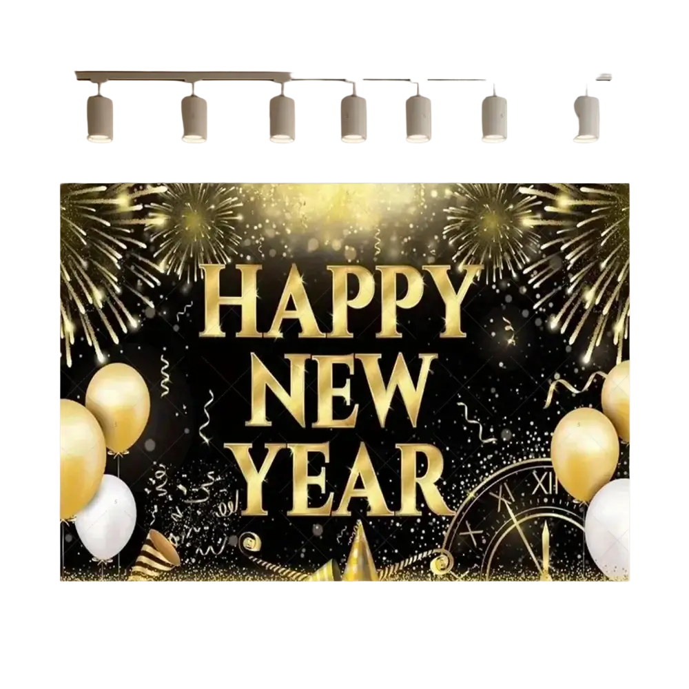 2026 new year black and gold glitter photography backdrop with gold and white happy new year design fireworks balloons confetti and clock