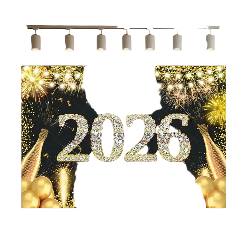 A sparkling gold and black glitter photography backdrop with diamond-encrusted 2026 numerals and festive fireworks