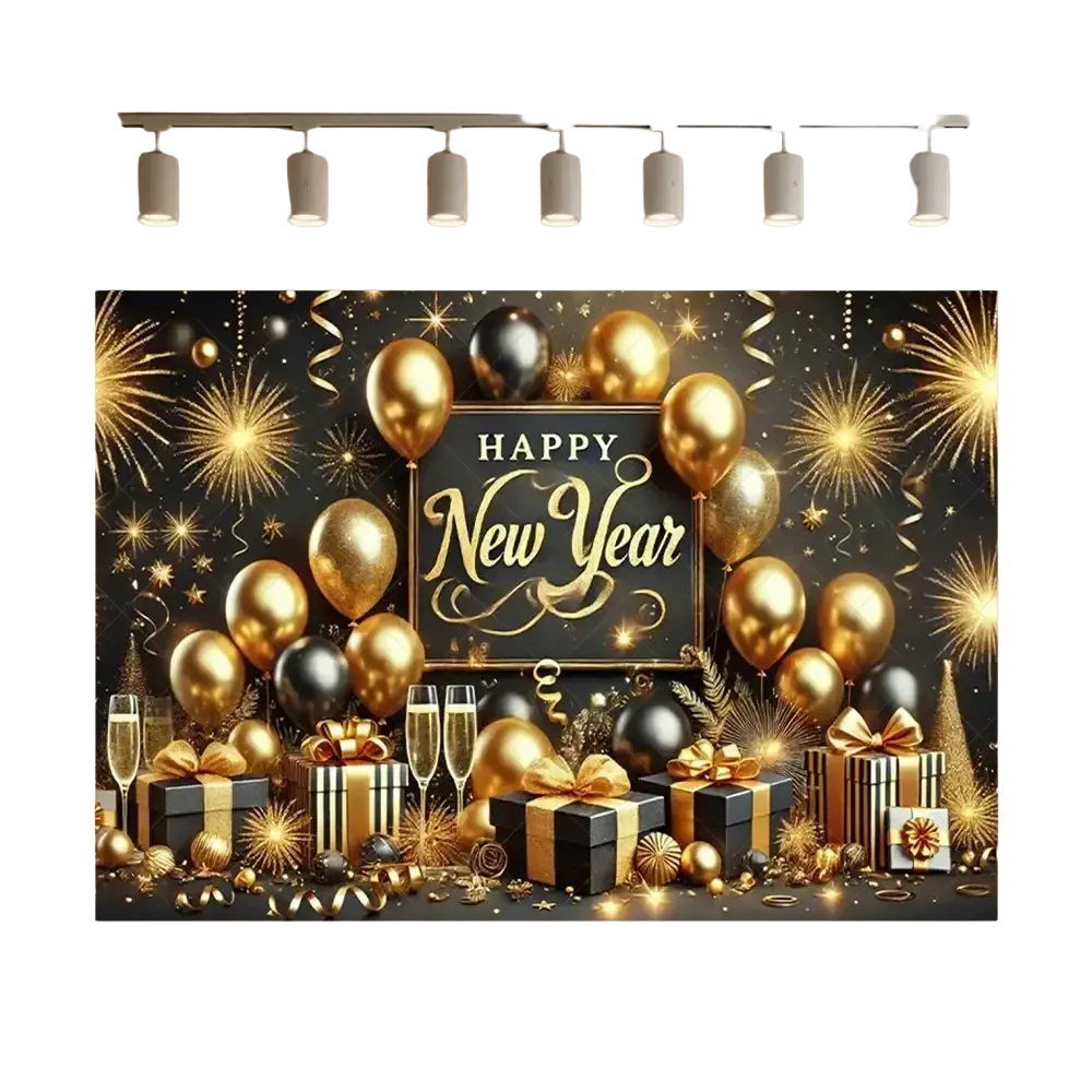 Black and gold glitter photography backdrop featuring new year’s eve balloons champagne flutes gifts and fireworks