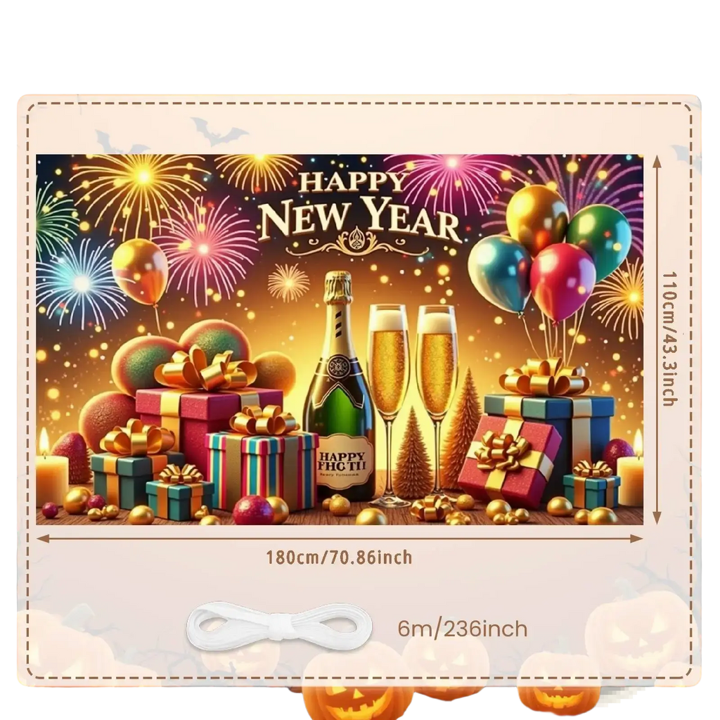 2026 new year party backdrop banner decoration with champagne bottle, two flutes, colorful balloons, gifts, and fireworks
