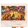 2026 new year party backdrop banner decoration with champagne bottle, two flutes, colorful balloons, gifts, and fireworks